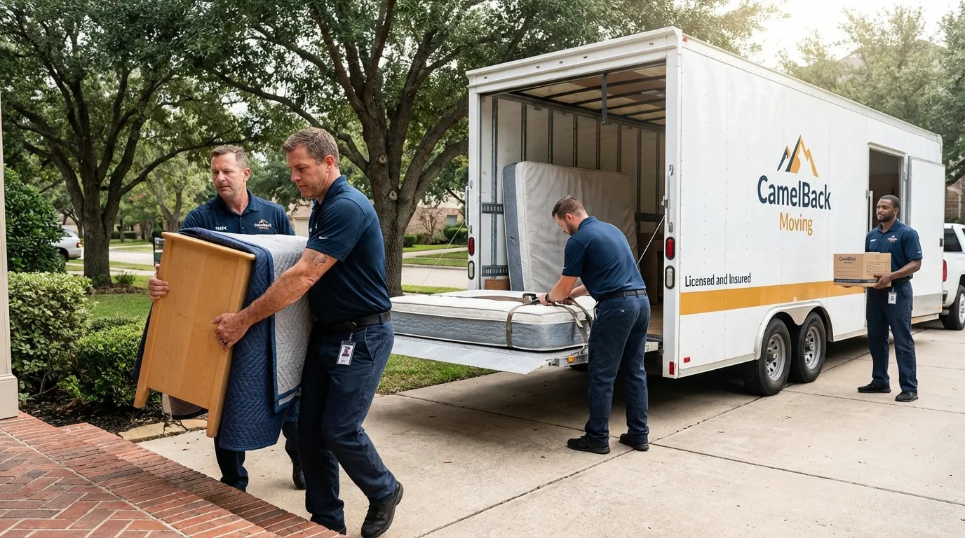 Crew loading residential truck for cross-state move from Madill, OK