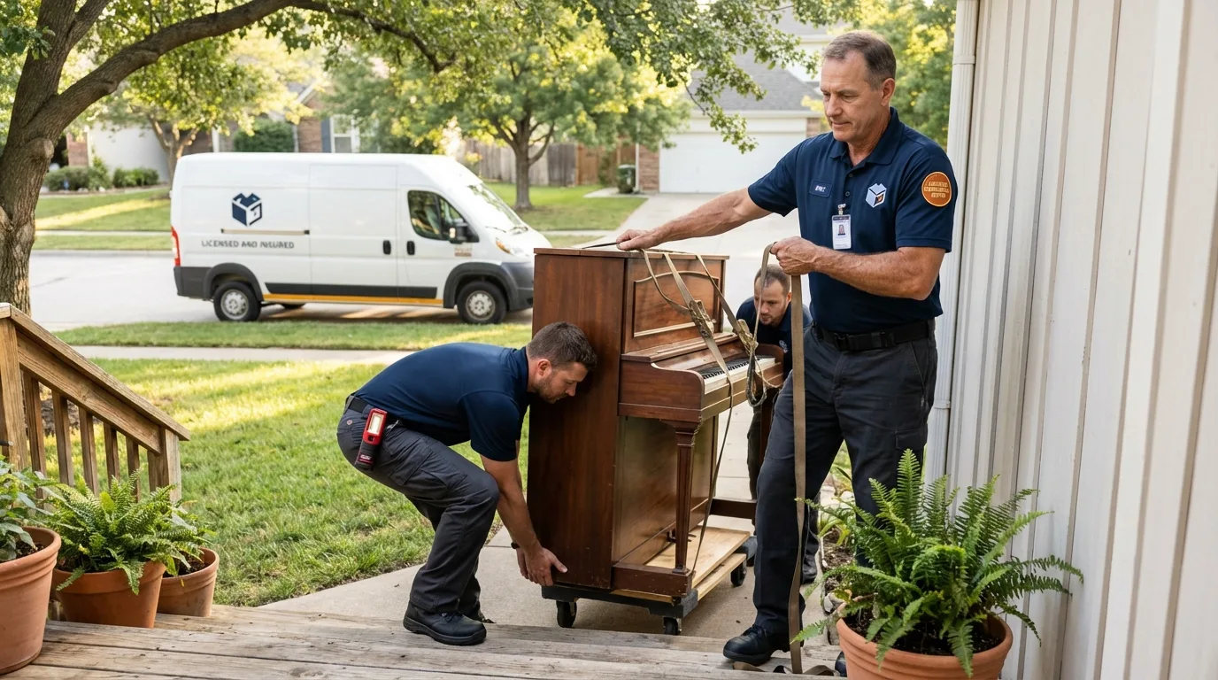 Licensed piano movers securing grand piano in Madill, OK