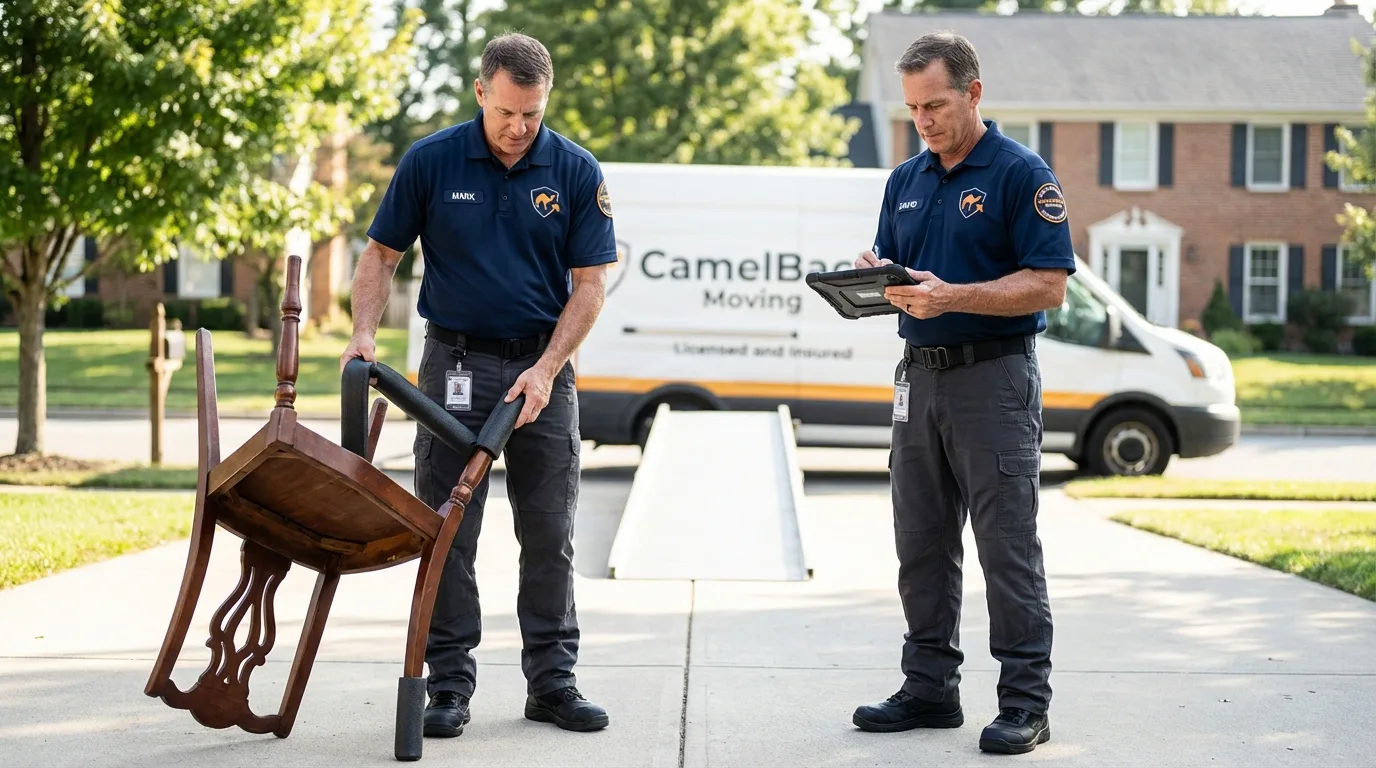 Movers inspecting furniture for damage prevention before loading in Madill, OK