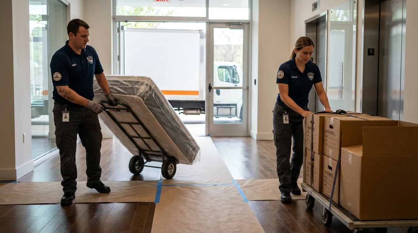 Professional apartment movers loading elevator in Madill, OK